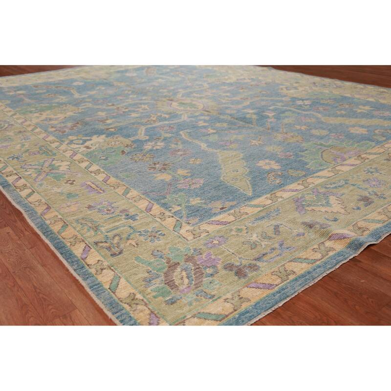 Hand Knotted Oriental 100% Wool Carpet Transitional All-Over Navy Blue & Blues Oushak Area Rug - 11' 7'' X 9' 1''