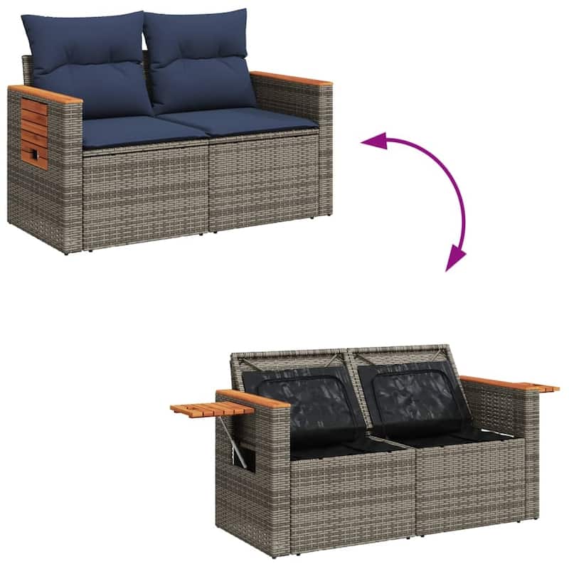 vidaXL Patio Sofa with Cushions 2-Seater Gray Poly Rattan - 48.8 x 24.4 x 27.2