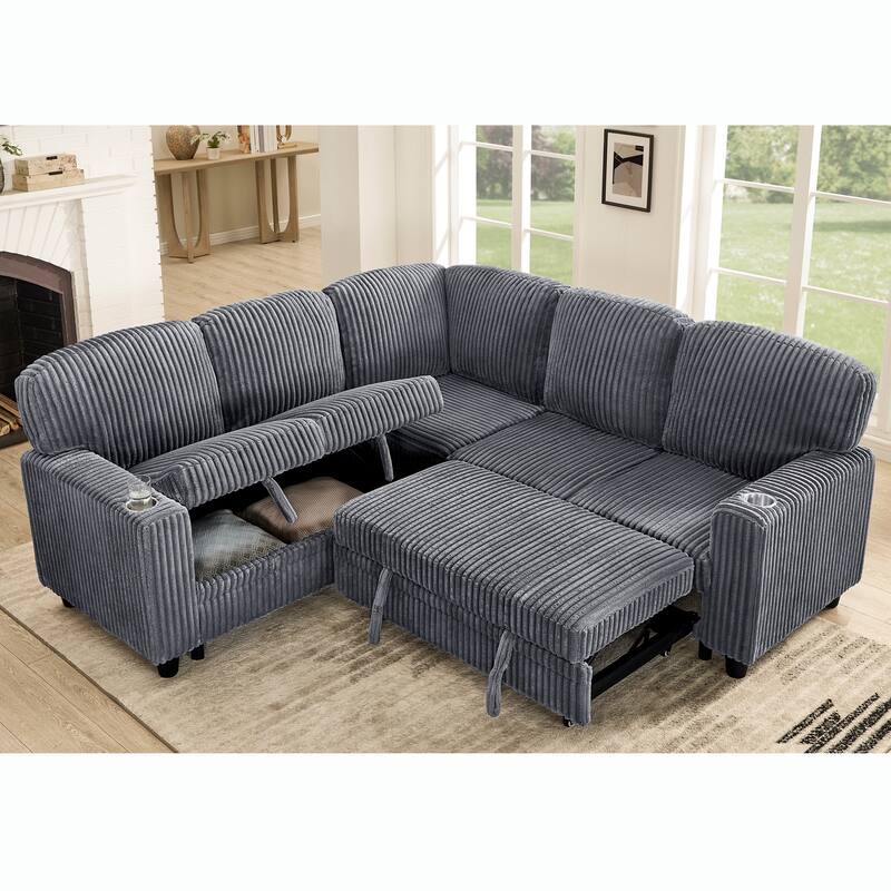 GDFStudio - Modern 5-Seat Sectional L-Shaped Sofa with Pull-Out Sleeper Bed, Storage, Cup Holder & USB Charging - 81"W
