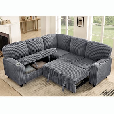 L-Shaped 5-Seat Sleeper Sectional - Pull-Out Bed with Storage & USB Charging, Corduroy Fabric