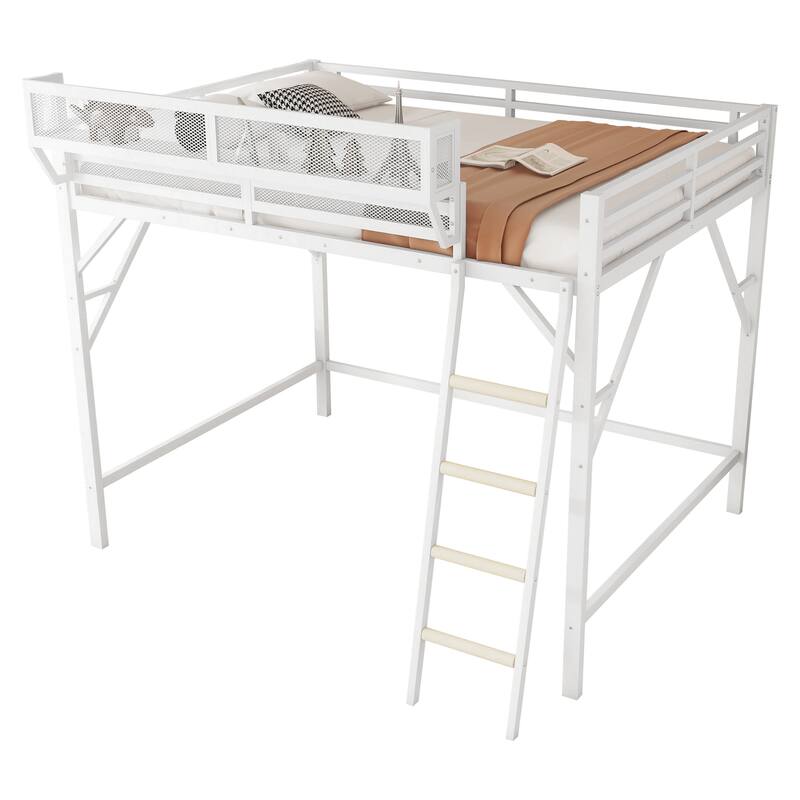 Full Size Loft Bed with Ladder, Metal Full Loft Bed with Storage Shelves, High Loft Bed for Kids Teens