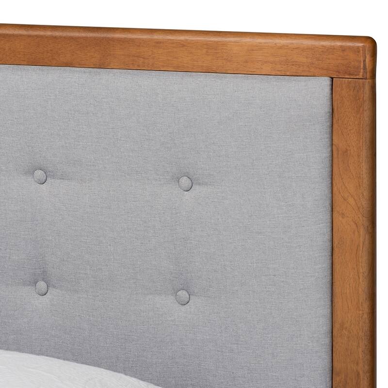 Walnut Brown Twin Size Wooden Platform Bed with Upholstered Headboard and Button-Tufted Details