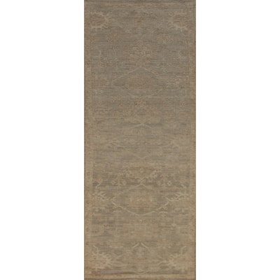 Grey Vegetable Dye Oushak Turkish Runner Rug Handmade Wool Carpet - 2'10" x 9'8"