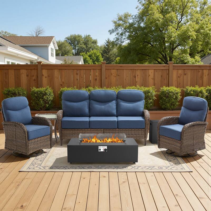 Meyreso 5-Piece Wicker Outdoor Patio Fire Pit Sofa Set with 6-Inch Thick Cushions - Brown Wicker - Navy Blue Cushions