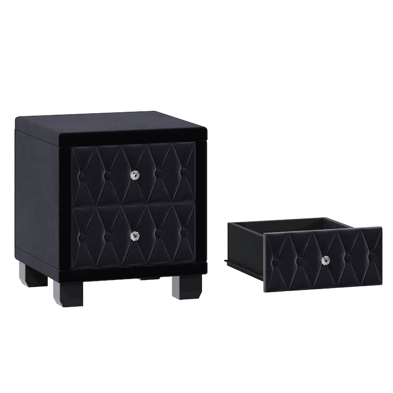 Elegant Velvet Nightstand with 2 Drawers and Crystal Handle, Storage Bedside Table with Button-Tufted
