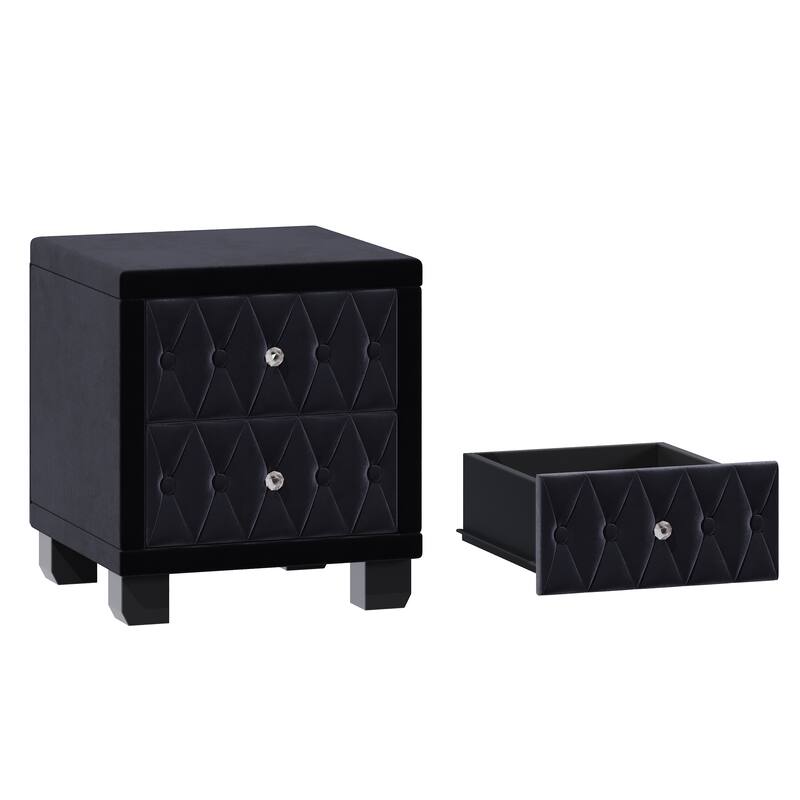 Luxury Velvet Nightstand - 2-Drawer Storage Bedside Table with Crystal Handles & Button-Tufted Design‌