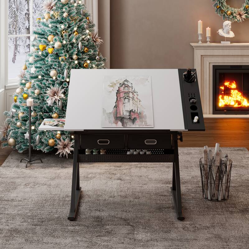 Adjustable drawing drafting table desk with 2 drawers for home office and school with stool
