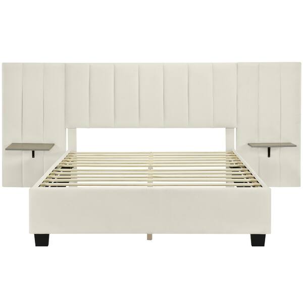 slide 2 of 33, Upholstered Platform Bed with Oversized Headboard and Shelving Beige - Queen