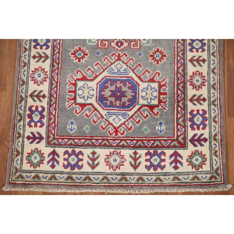 Hand Knotted Oriental 100% Wool Carpet Traditional Geometric Greys & Charcoal Kazak Runner Rug - 6' 7'' X 2' 7''