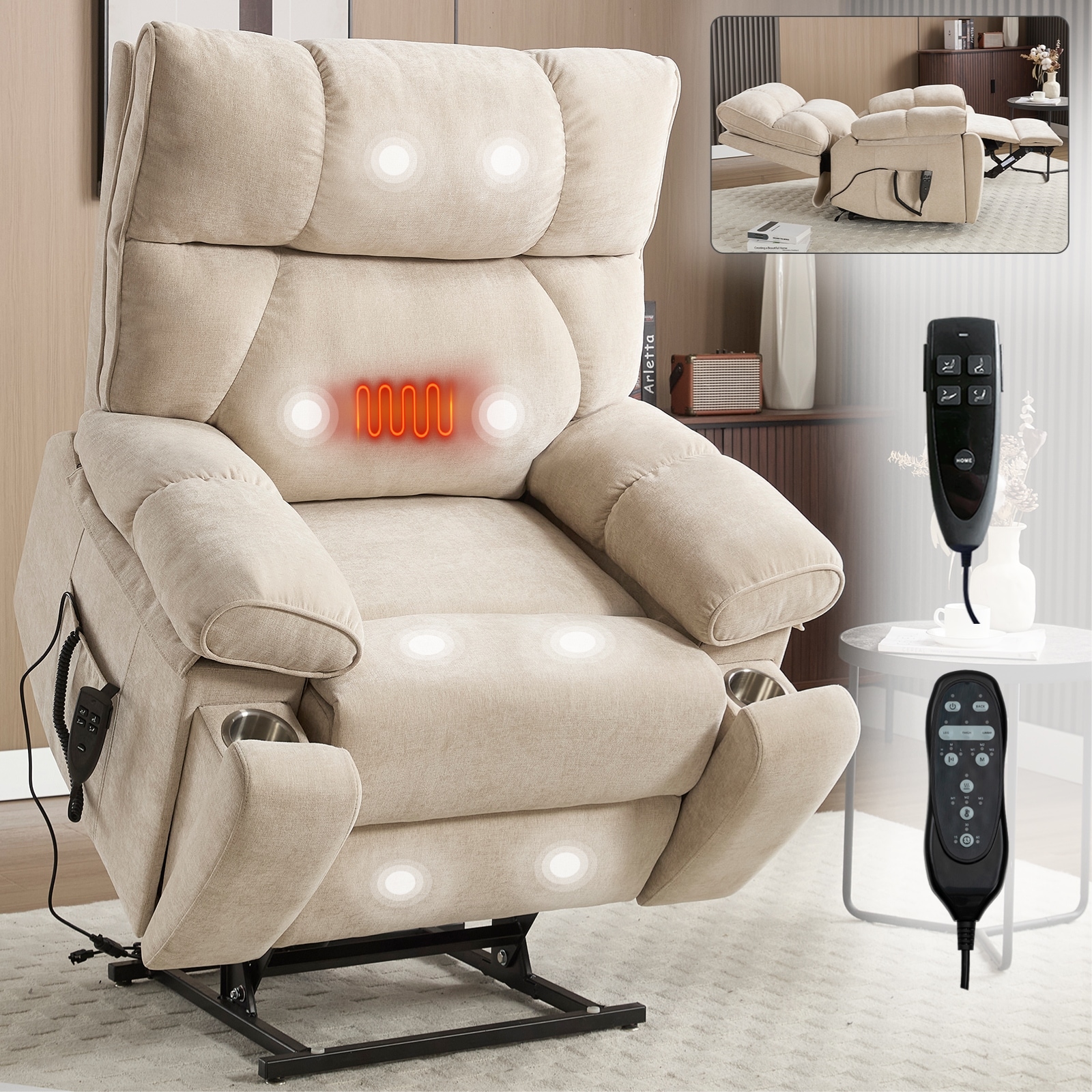 Dual Motor Power Lift Recliner Chair with Massage Heat and Hidden Cup Holders