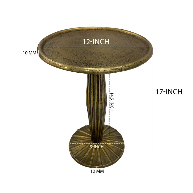 17 Inch Side End Drink Table, Fancy Fluted Base, Round Top Antique Brass
