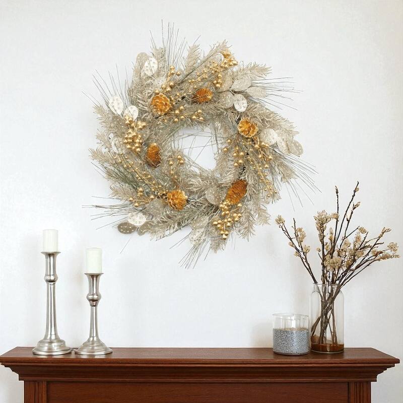 HomeRoots 24" Gold And Silver Christmas Eucalyptus And Mixed Assortment Artificial Wreath - Gold/Silver - 24.00 in. x 24.00 in.  x 10.00 in.