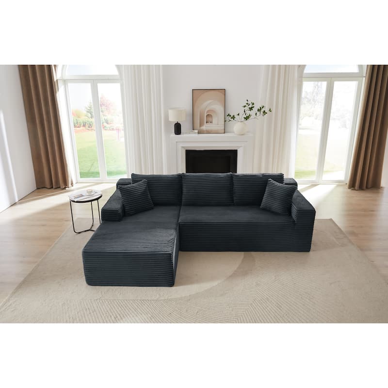 L-Shaped Modular Sectional Sofa with Chaise Lounge, Corduroy Cloud Boneless Couch with Deep Seat, Full-Compression 4 Seat Sofa - DARK GREY