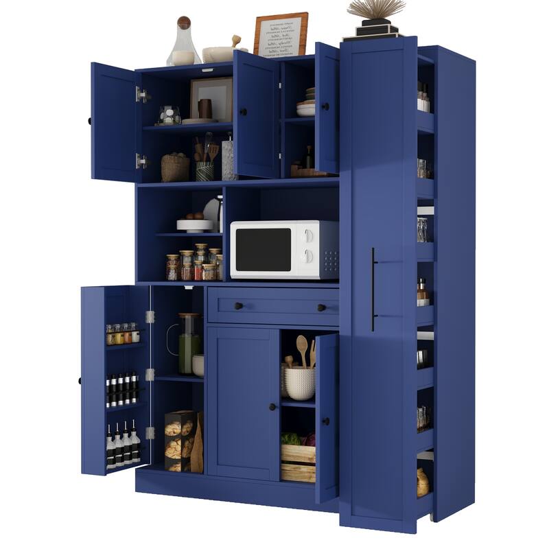 Roomfitters Large Kitchen Pantry Cabinet with Pull-Out Side Storage and Hutch, Shaker Style Buffet