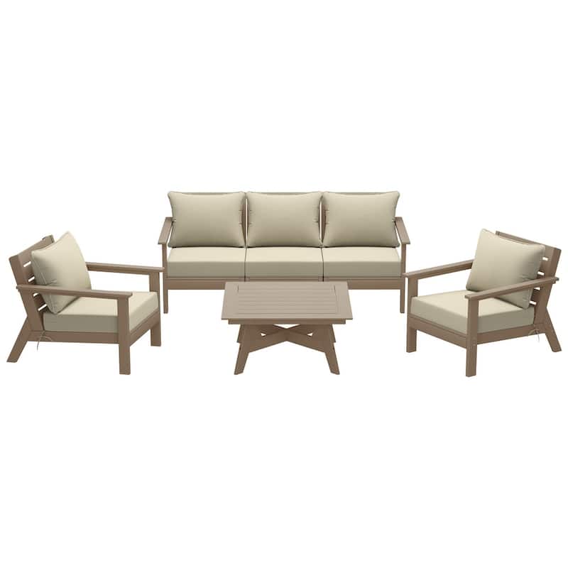 Birchwood All Weather HDPE Outdoor Patio Weathered Wood Deep Conversation Set (6-Piece Set)