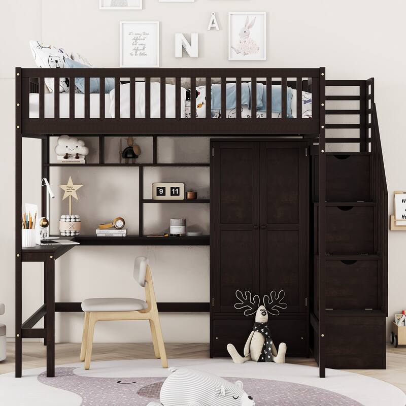 Full Loft Beds Stairway Loft Bed Frame with Wardrobe, Desk, Bookshelf and Drawers