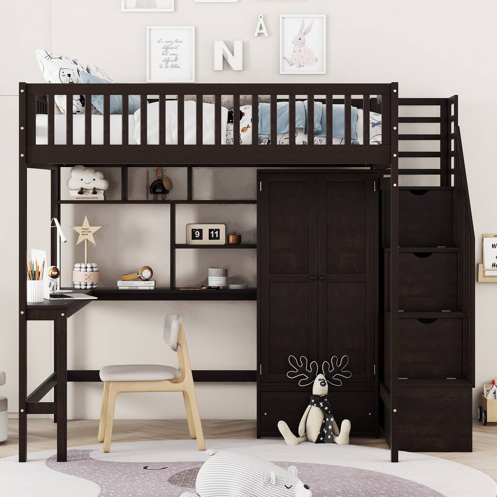 Modern Design All-in-one Wood Frame Loft Bed, Espresso