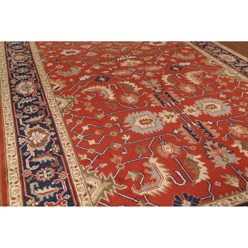 Floral Heriz Serapi Indian Large Area Rug Hand-Knotted Wool Carpet - 8'11"x 17'11"