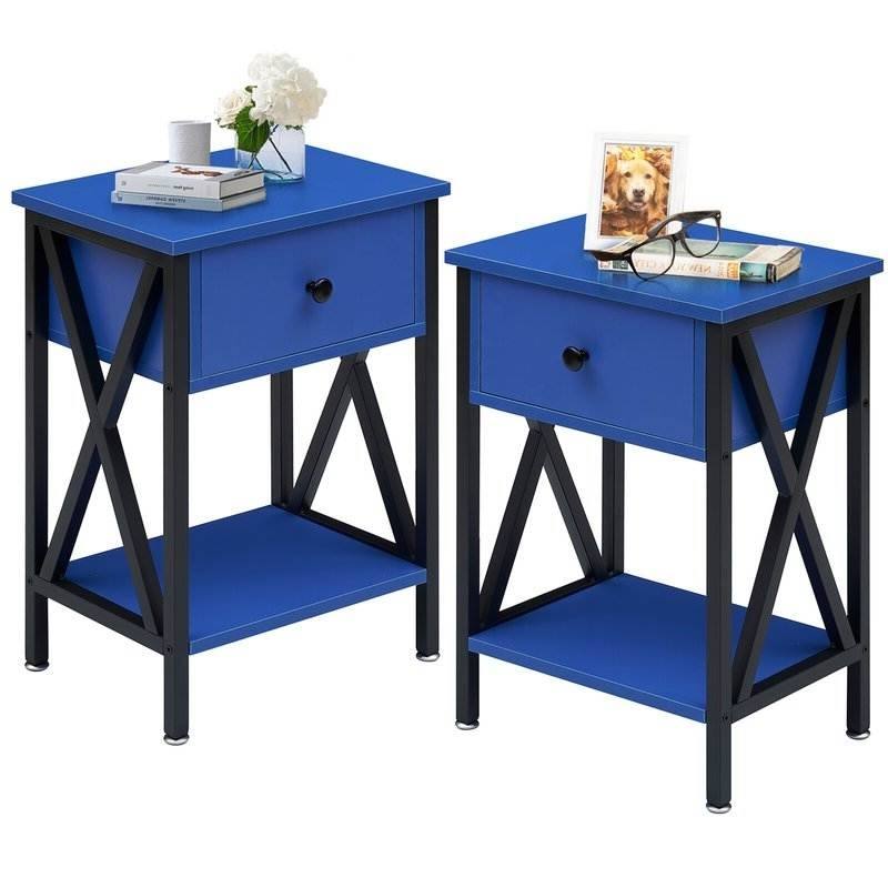 Set of 2 Bedroom Nightstands with Steel Frame and Drawer