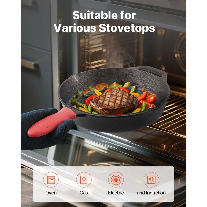 4-Piece Cast Iron Skillet Frying Pan Set with Silicone Handle Covers for Professional Home Cooking