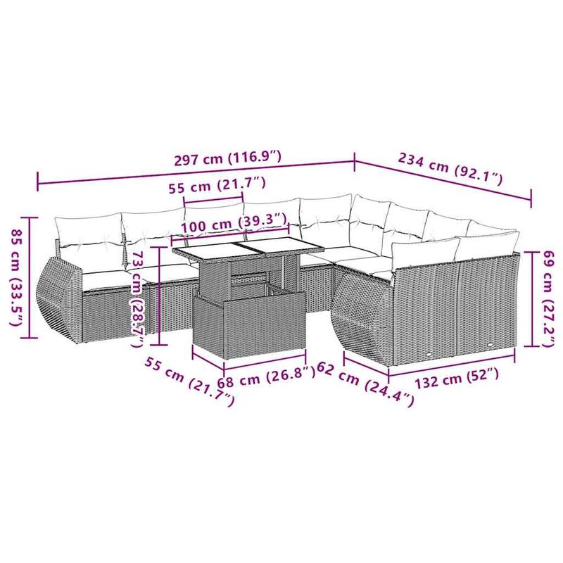 vidaXL 10 Piece Patio Sofa Set with Cushions Black/Brown/Gray Poly Rattan - 24.4 x 24.4 x 27.2
