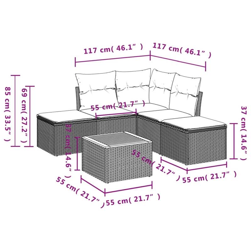 vidaXL Patio Sofa Set with Cushions Outdoor Furniture 6 Piece Poly Rattan - 24.4 x 24.4 x 27.2