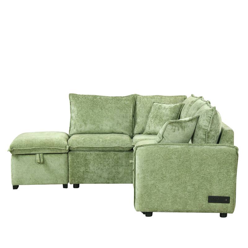 82.67" L-Shaped Sofa Bed with Storage Ottoman, USB, Power Ports, 2 Pillows
