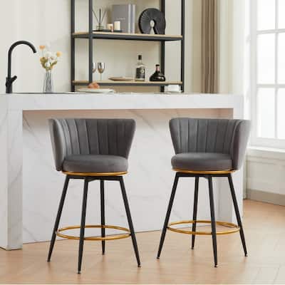 Counter Height Bar Stools Set of 2 Swivel Upholstered Back Metal Legs 26in Velvet Gold Footrest