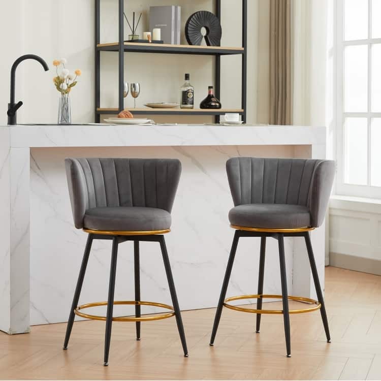 Mid-century Counter Height Bar Stools Set of 2 360° Swivel Barstools with Vertical Stripe Backrest and Round Padded Seat - Grey