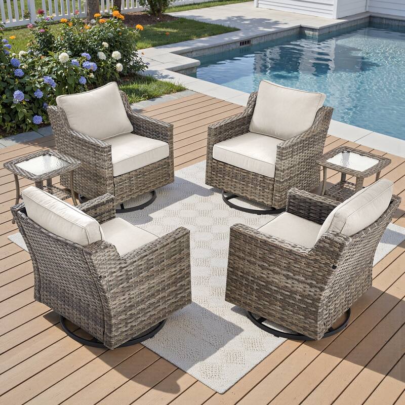 Pocassy Wicker Patio Sofa Glider Swivel Chair Ottoman Furniture Set. - Beige Cushion Gray Wicker - 6-Piece Swivel Chair Table Set