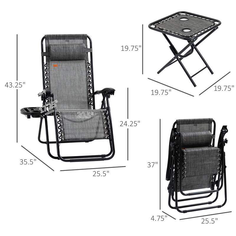 Outdoor Zero Gravity Chairs with Side Table, Set of 2 Folding Reclining Chairs with Cupholders & Pillows