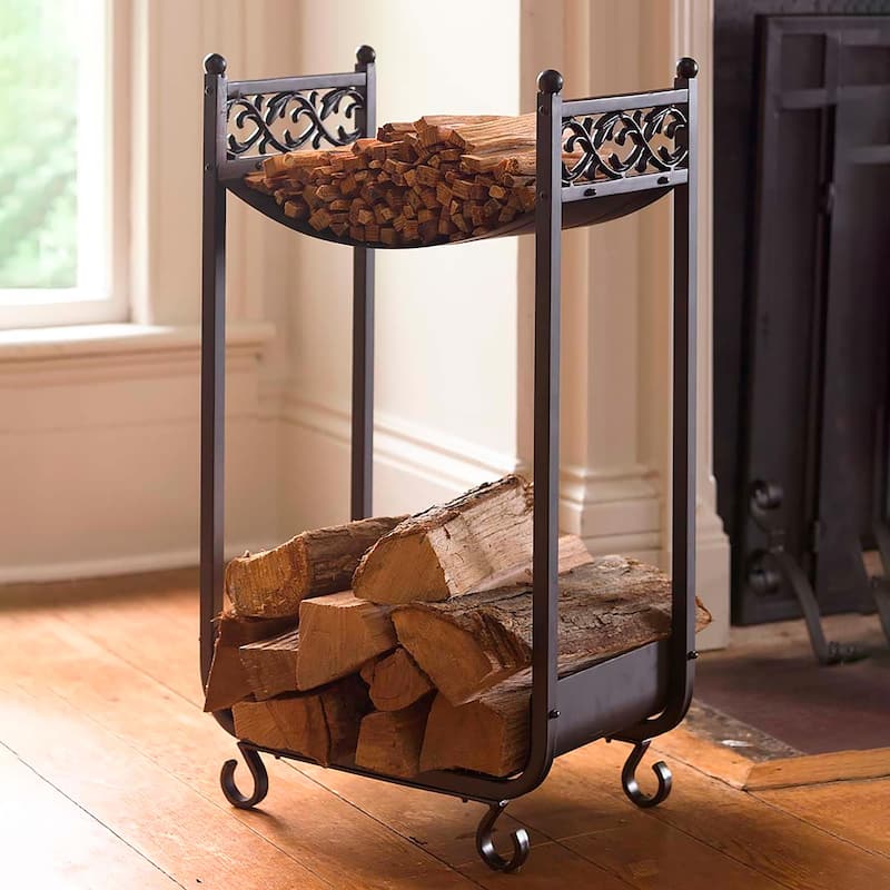 Compact Log Rack, Cast Iron with Scrollwork Design - Black