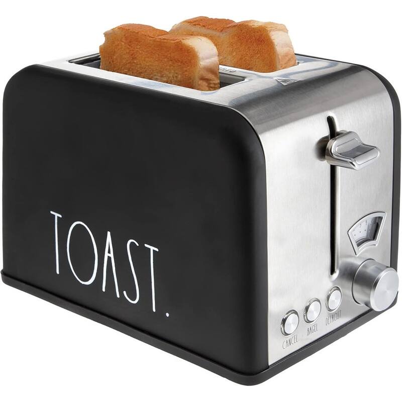 Rae Dunn Toaster, Stainless Steel 2 Slice Square Toaster, Wide Slot with 5 Browning Levels, with Bagel, Defrost - Black