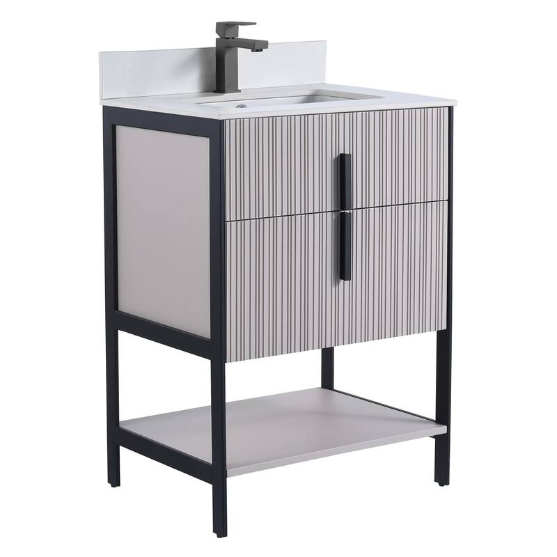 Fine Fixtures Serenity Modern Bathroom Vanity with White Stone Top - Bright Taupe - Black Hardware - 24 inch