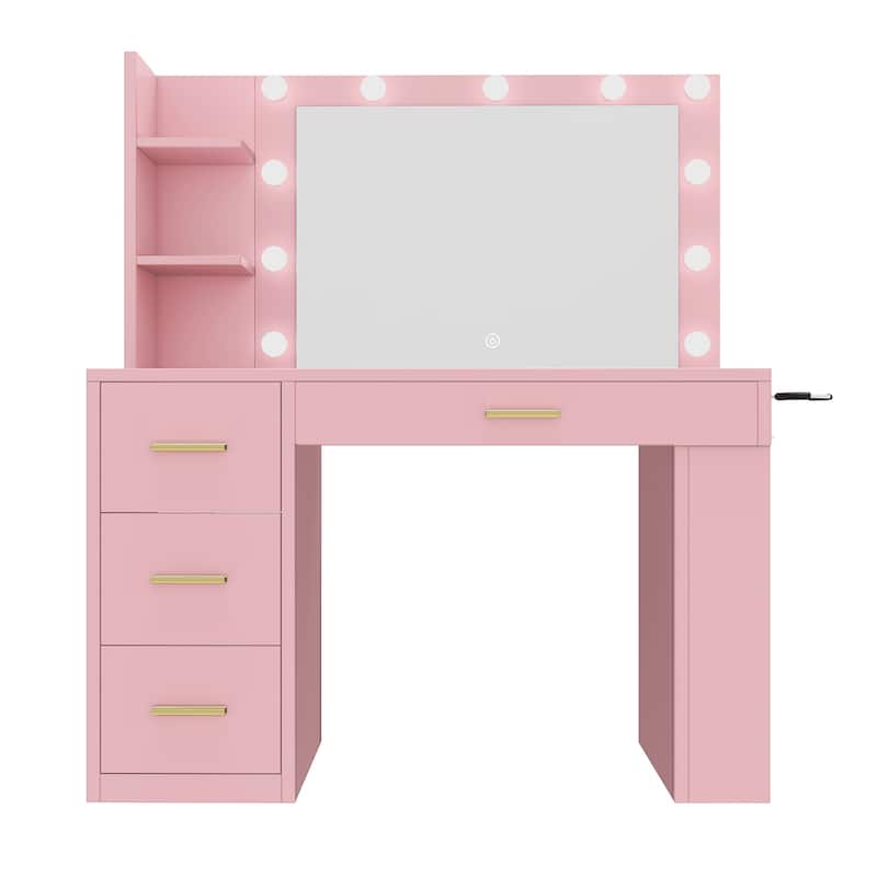 Moasis 40" Makeup Vanity with Mirror and Lighted ,Vanity Table with Power Outlet and 4 Drawers & Storage Shelves