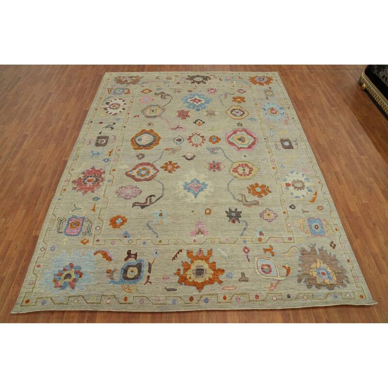 Vegetable Dye Wool Oushak Turkish Area Rug, Flora Geometric Carpet - 12' 2'' X 9' 5''