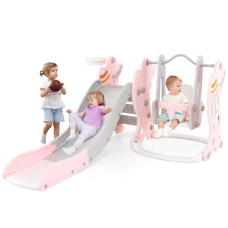 4-in-1 Toddler Slide and Swing Set Indoor Playground - Pink+White