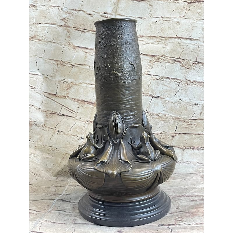 Bronze Metal Vase W/ Frogs On Lilly Pads Handmade Sculpture Signed Jean Bunand