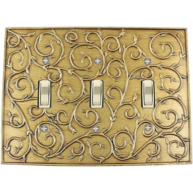 Meriville French Scroll 3 Toggle Wallplate, Triple Switch Electrical Cover Plate - Antique Gold