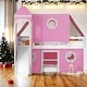 preview thumbnail 2 of 12, Full Size House Loft Bed with Slide Pink Tent and Tower,Kids Bed Design