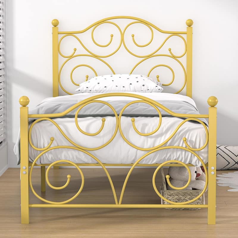 VECELO Metal Platform Bed Frame with Scroll Headboard, Twin/Full/Queen Size Beds