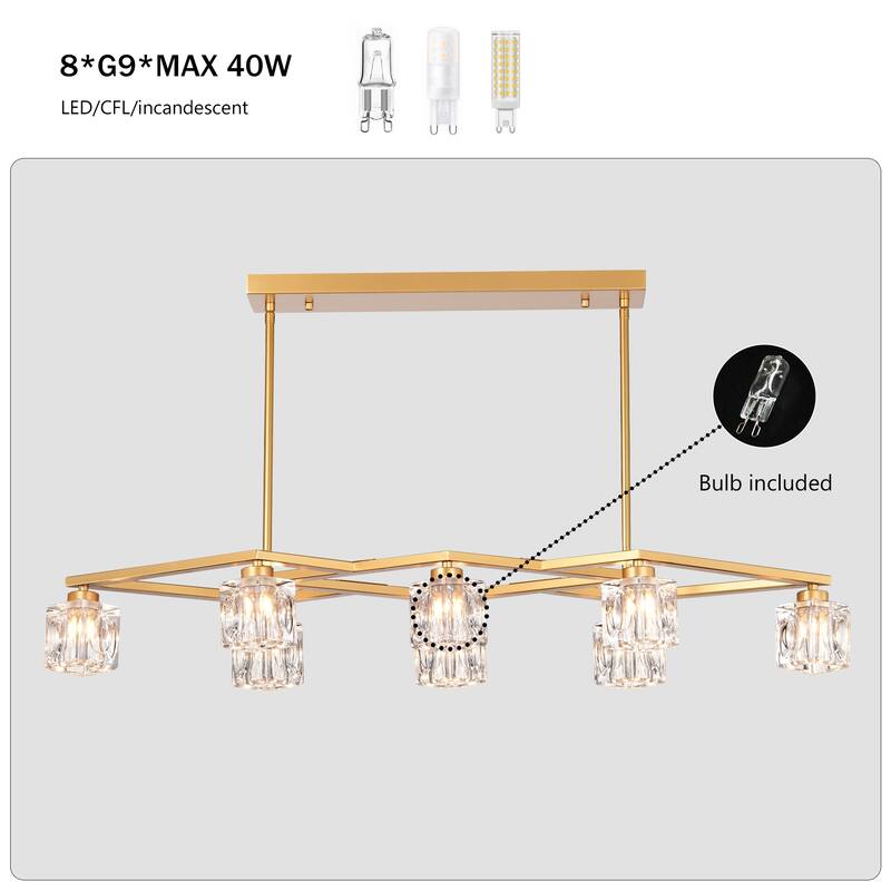 Modern 8-Light Crystal Chandelier Matte Gold Industrial Metal Chandelier, for Dining Room Kitchen, Living Room