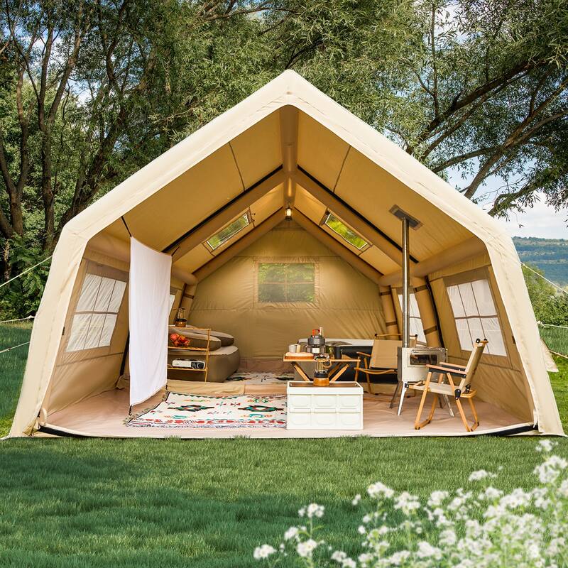 Erommy Inflatable Camping Tent, Glamping Tents 4 Season Waterproof Windproof Cotton Tent with Stove Jack & Mesh Windows & Pump