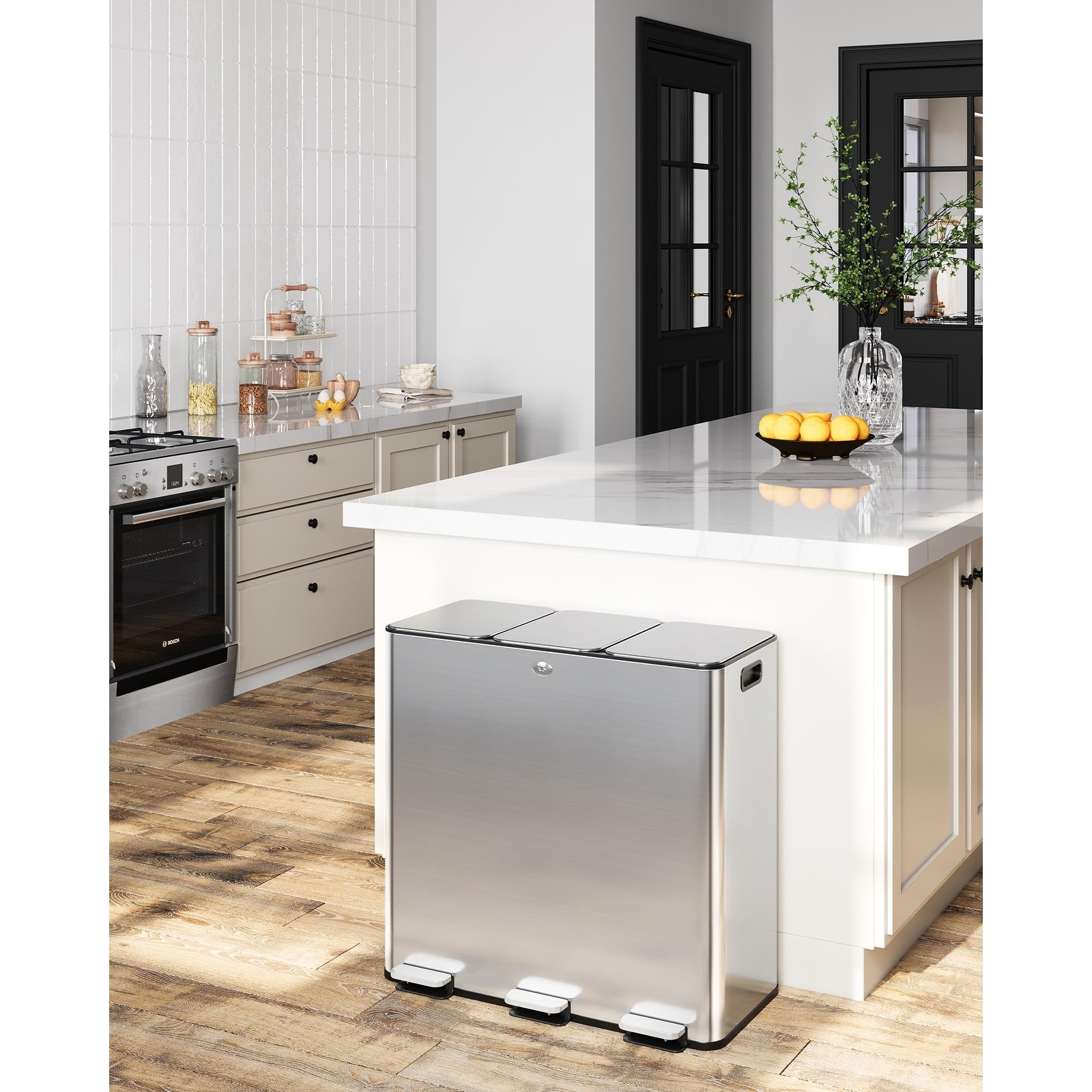 Triple Compartment Stainless Steel Kitchen Trash Can - Soft-Close Lid -Fingerprint Resistant-Removable Buckets for Waste