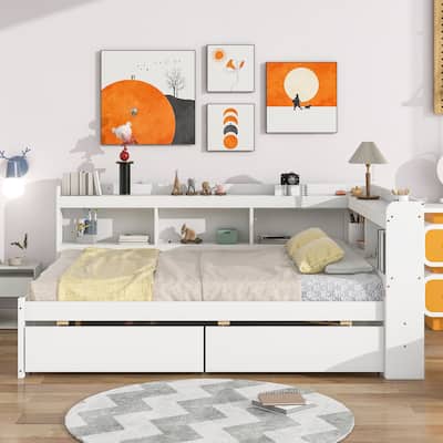 Full Bed with L-Shaped Bookcase and Storage Drawers, Space-Saving Design