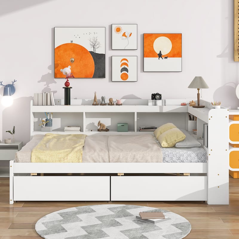 White Pine Full Daybed with L-Shaped Bookcases and Drawers
