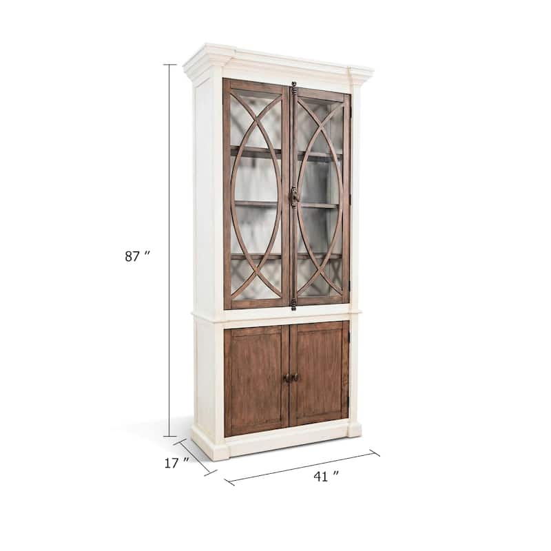 Camie Tall Cabinet, 2 Glass Doors w 2 Brown Doors, White Mahogany Wood