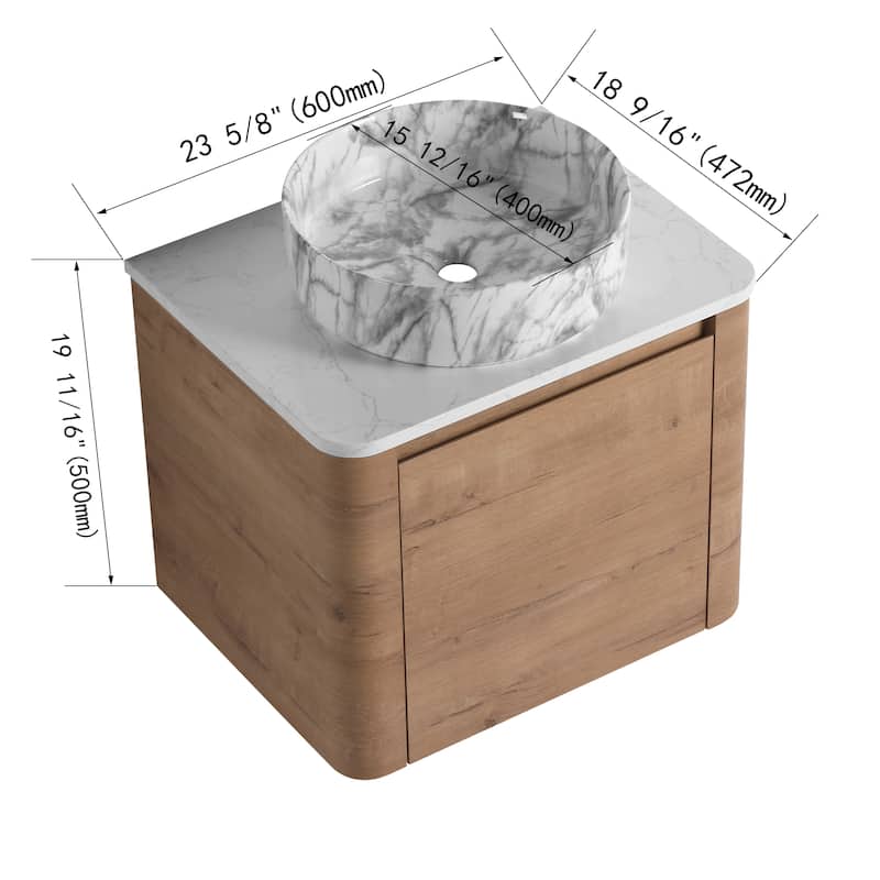 24'' Wall-Mounted Bathroom Vanity With Ceramic Art Sink & 1-Soft-Close Door,KD-Packing, Plywood
