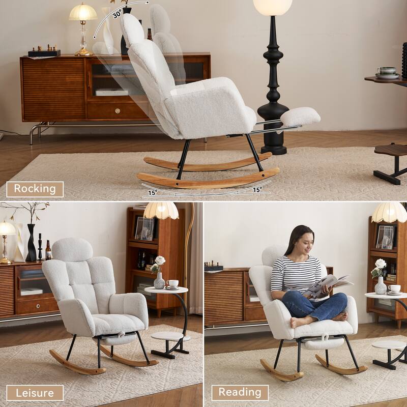 Teddy Fabric Upholstered Modern Nursery Rocking Chair with Footrest & High Backrest