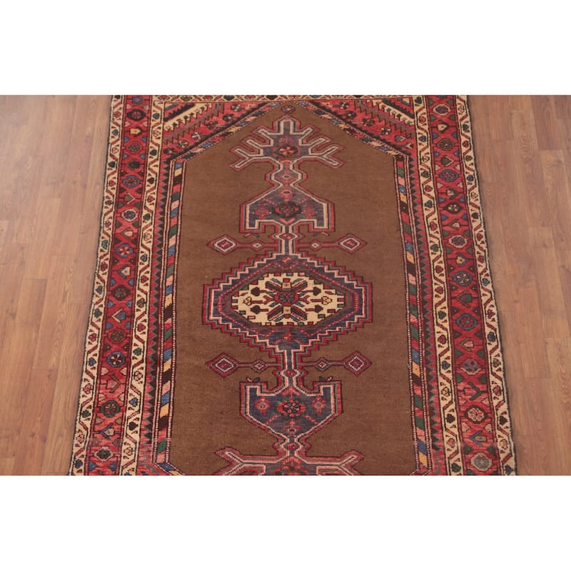 Brown Geometric Hamedan Vintage Persian Area Rug Handmade Wool Carpet - 4'6"x 7'1"